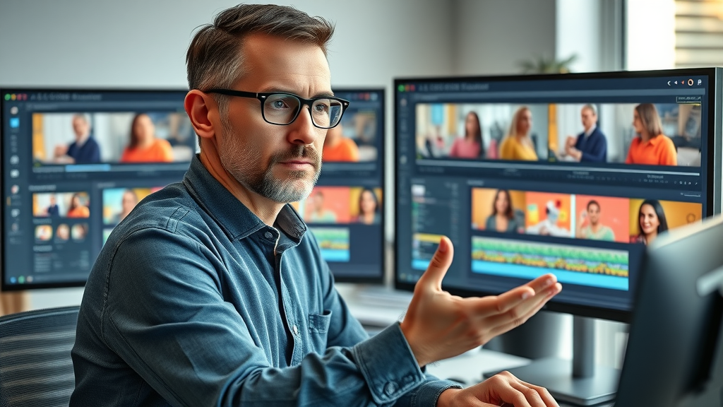 video marketer comparing top AI video editor tool dashboards in contemporary workspace