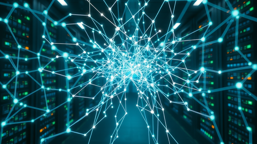 Sleek conceptual visualization of a giant neural network, showing data flowing through interconnected nodes for deep learning text generation.