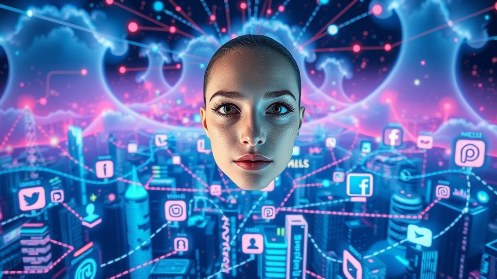 Vivid illustration of interconnected social media platforms showing content creation algorithms flows