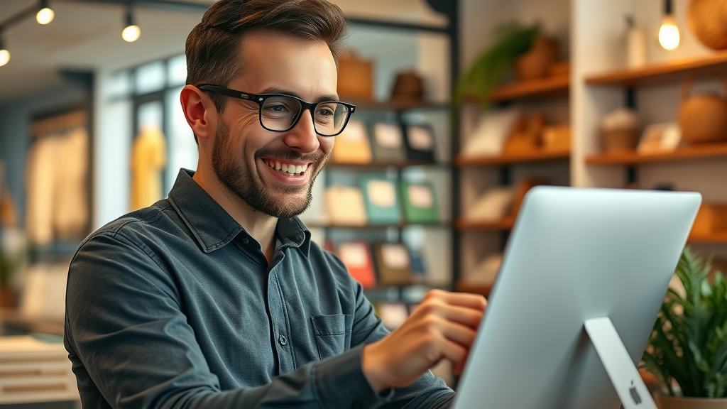 small business owner reviewing AI-generated content performance, happy analytics, content marketing success using ai writing tools