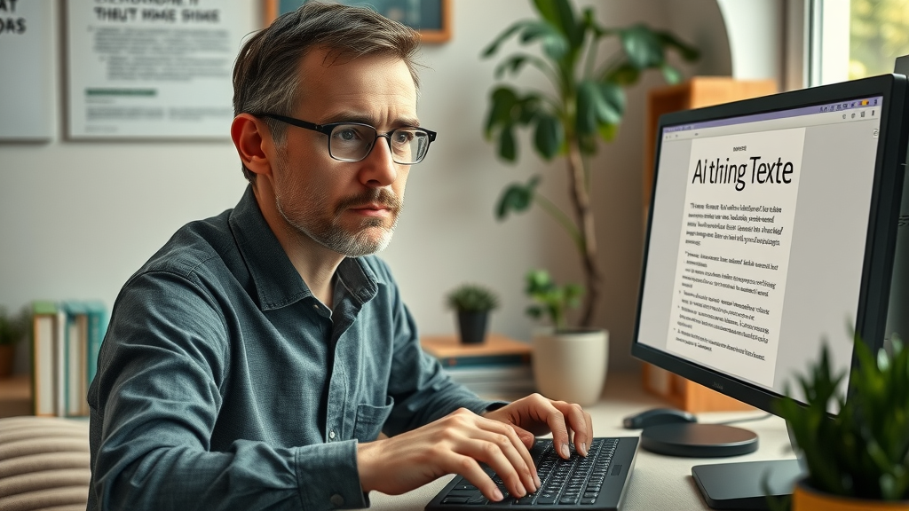 Thoughtful editor reviews original and AI-generated drafts, ensuring high quality artificial intelligence content generation.