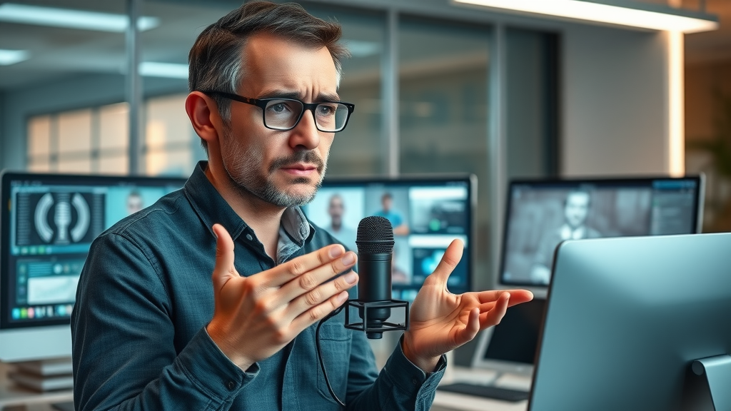 User troubleshooting voice recognition AI in a modern workspace with computer screens, smart devices, and voice recognition interfaces
