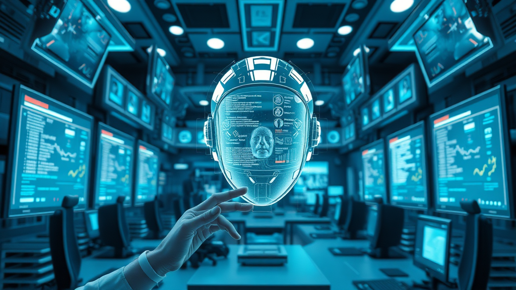 Futuristic AI interface generating automated content for articles and social media in a digital office