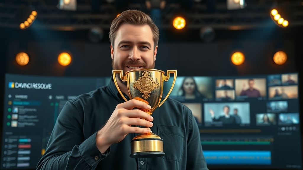 Award-winning video editor presenting a trophy in front of DaVinci Resolve timeline, digital video editing mastery