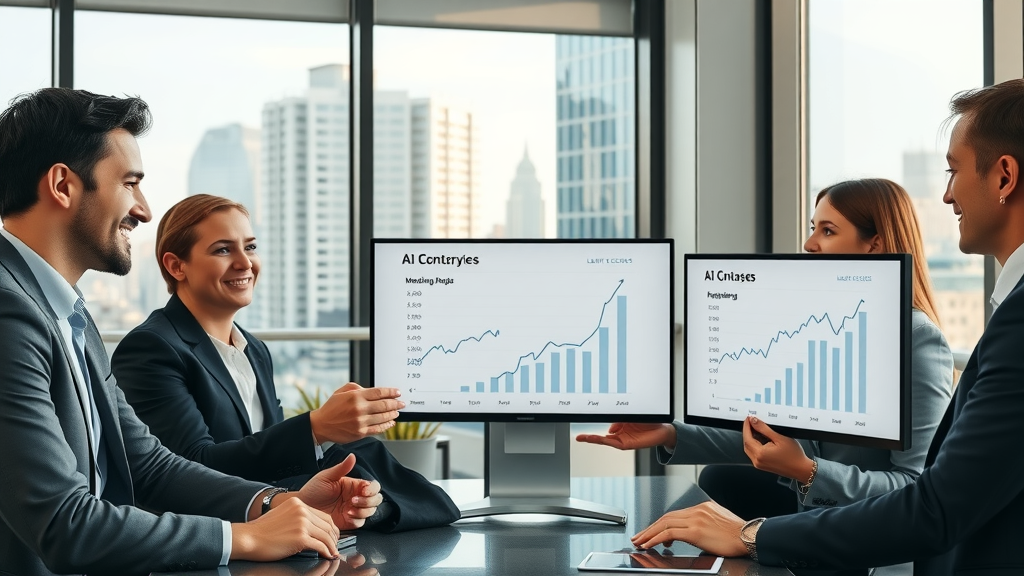 successful business team analyzing ROI charts after adopting AI content creation in a conference room