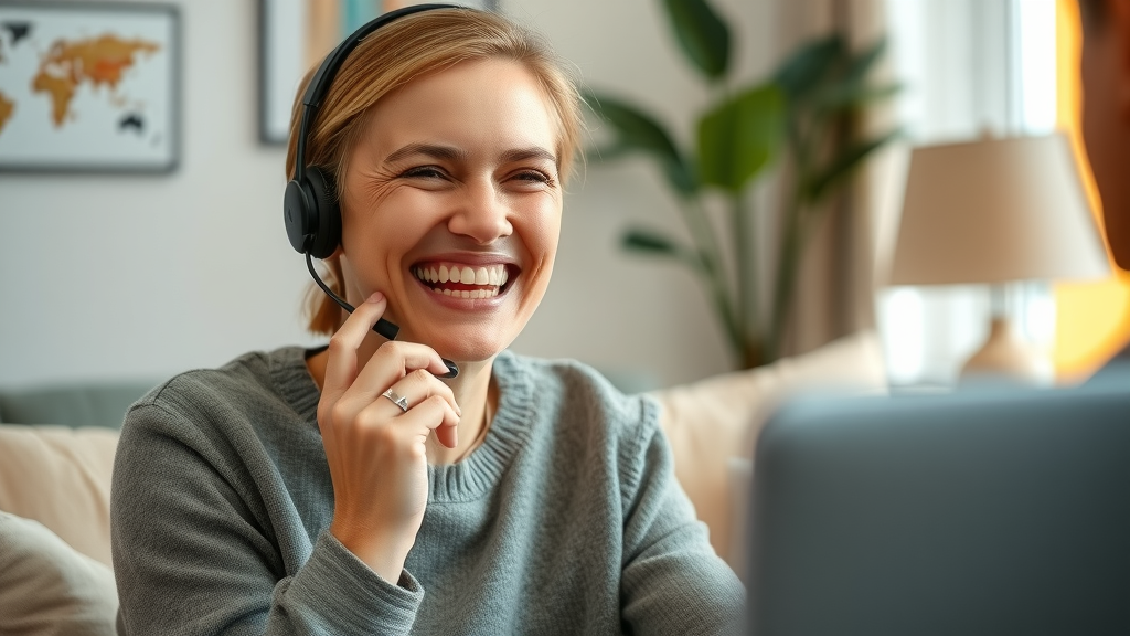 Happy customer smiling with relief receiving quick service via AI-powered call routing