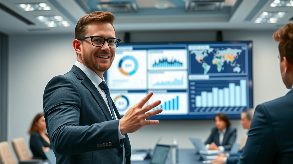 Confident marketing executive demonstrating machine learning content marketing results on interactive dashboard