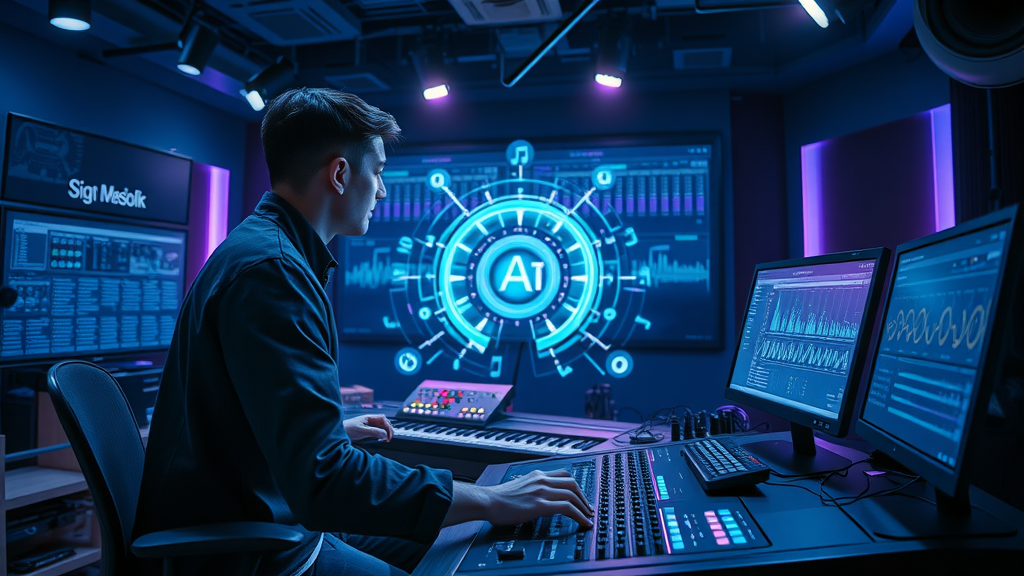 Human composer collaborating with AI interface, music composition and sound design in the entertainment industry