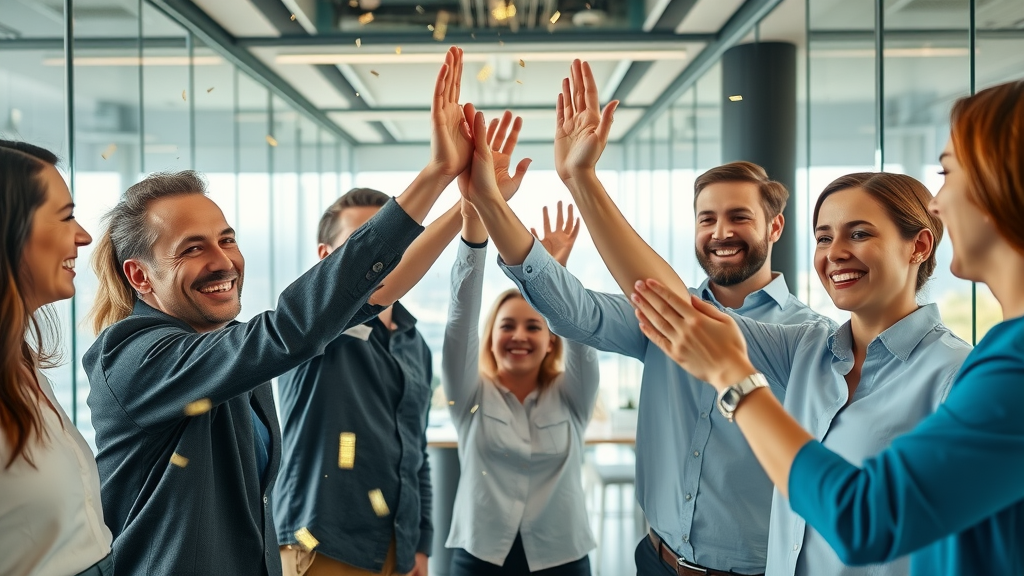 Optimistic marketing team celebrating ROI success with machine learning in content marketing