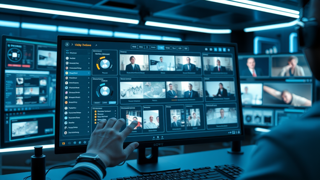 Modern UI interface of a video synthesis AI platform displaying features, samples, and interactive digital elements.