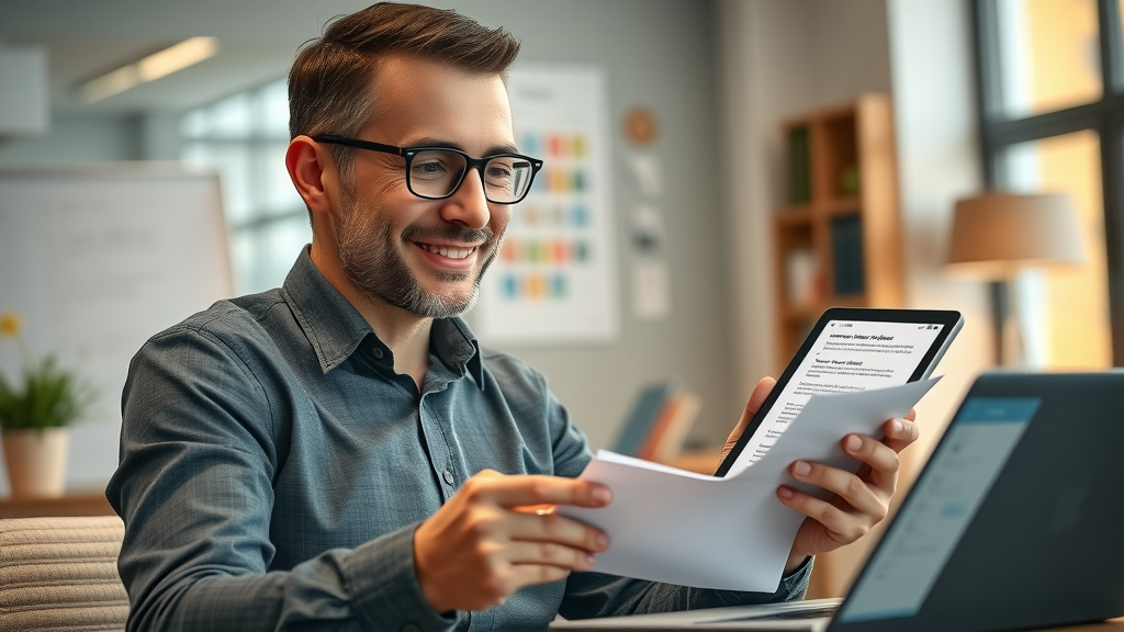 Small business owner reviewing AI-generated marketing copy on digital devices