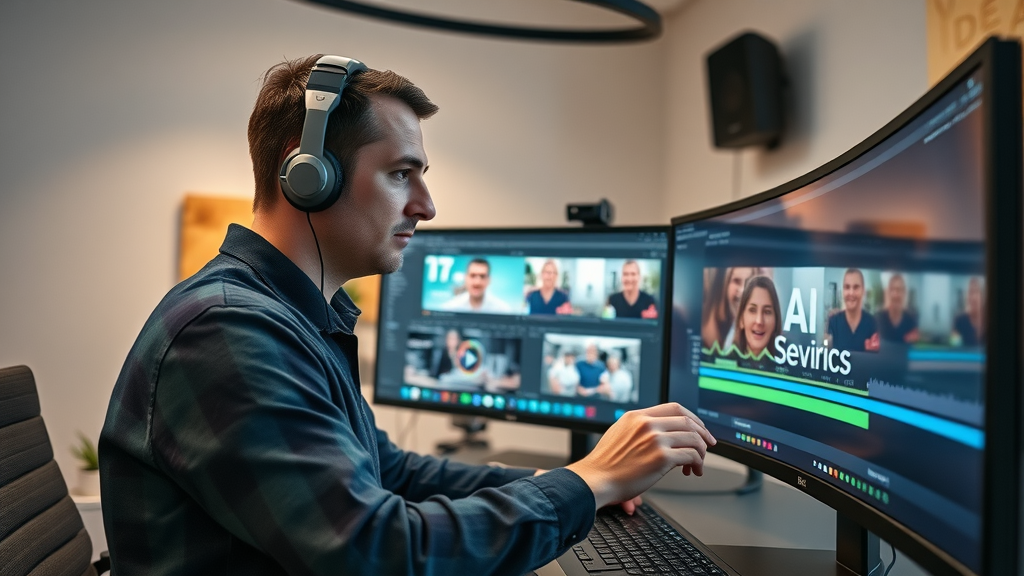 Professional video editor using AI-powered editing tools in a modern suite to fine-tune quality video assets.
