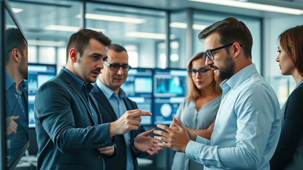 natural language generation professionals discussing NLG technology applications in a modern office setting