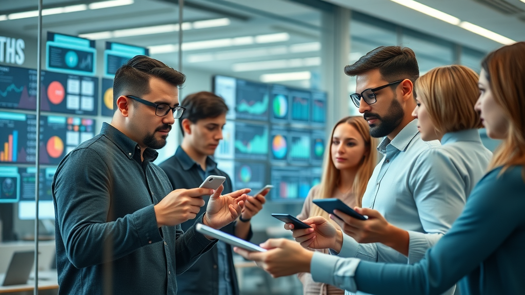 Innovative content team collaborating with AI dashboards for automated content creation in a modern workspace