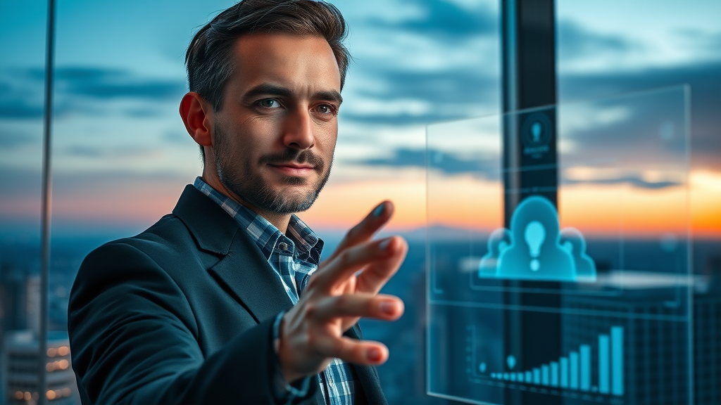 visionary content strategist preparing to activate AI content creation suite on transparent touchscreen