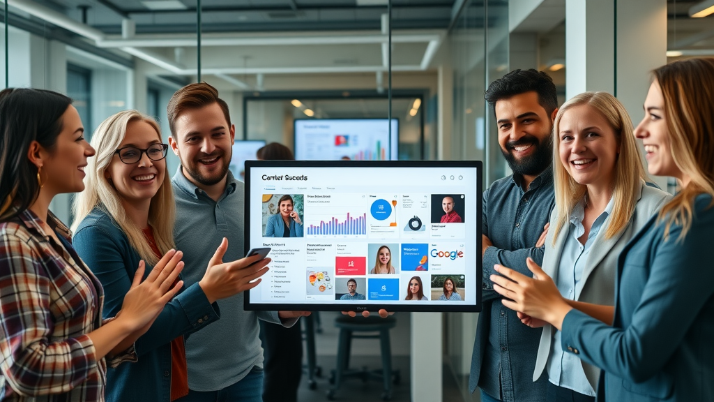 diverse marketing team showcasing viral AI-generated content success on a digital dashboard