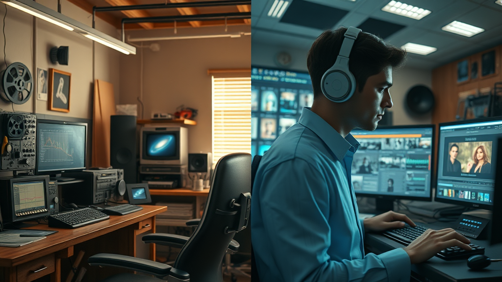 Traditional and AI-driven film editing side-by-side, contrasting human and artificial intelligence workflows in media and entertainment