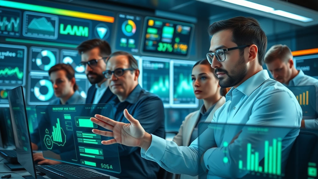 Futuristic marketing team in a high-tech control room analyzing interactive digital data with machine learning in content marketing