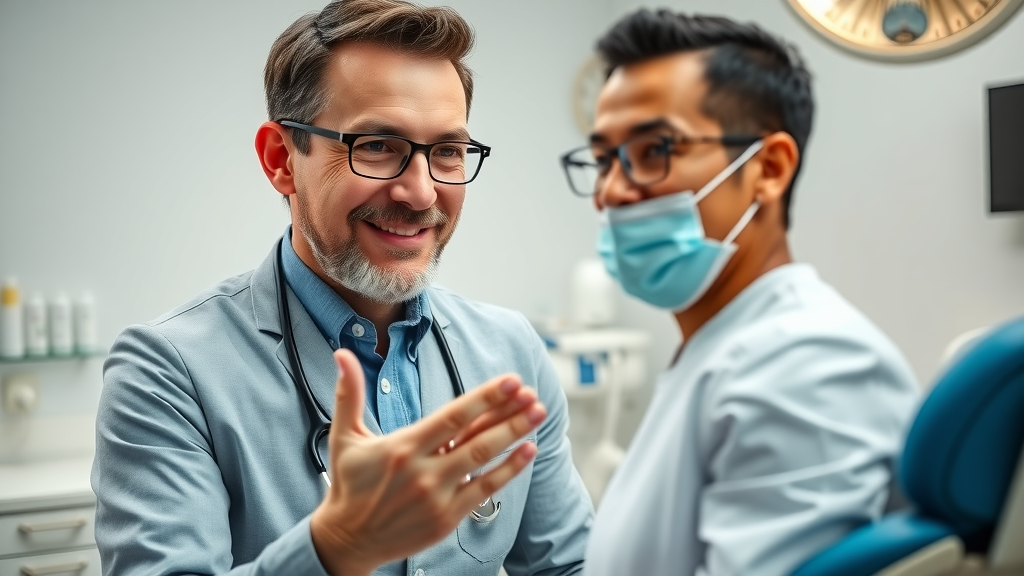 Confident dentist displaying attentive active listening with a dental patient in a dental treatment room, communication skills in dental patient engagement