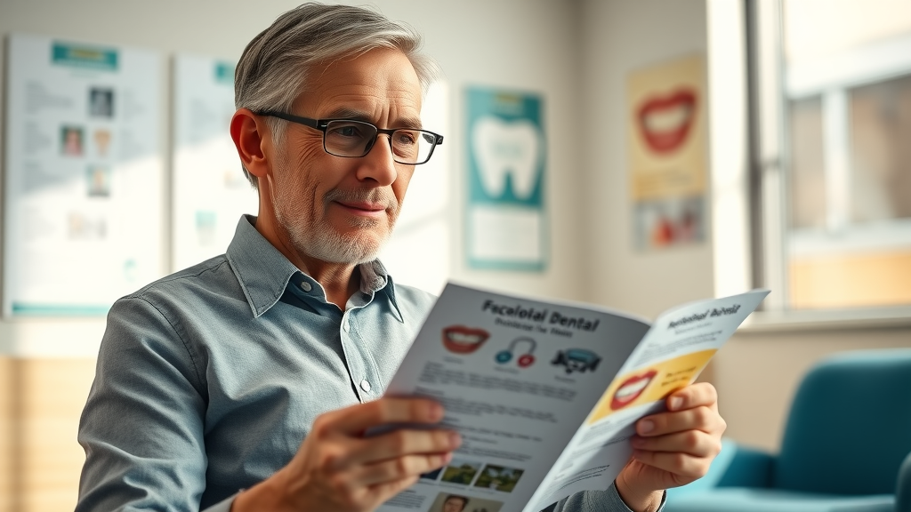 engaged dental patient reading educational oral health brochure, dental patient reactivation, dental waiting room