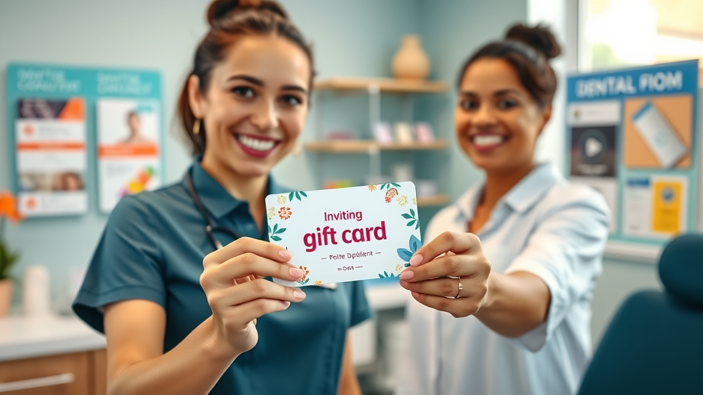 Dental receptionist giving a branded gift card to a returning patient, increasing dental patient reactivation and engagement in a bright dental office