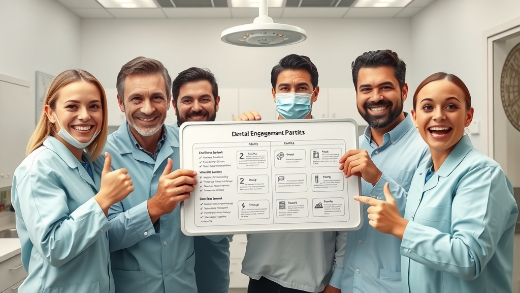 determined dental team with a strategy board showing engagement tactics to improve patient engagement in dental care