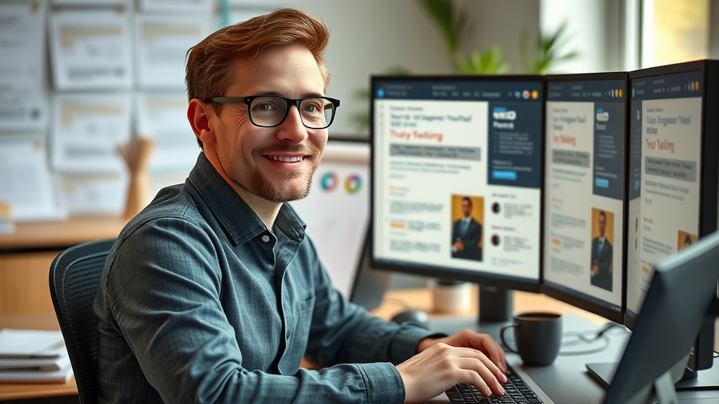 blogger integrating AI content creation tools and suggestions on dual monitors for blog post creation