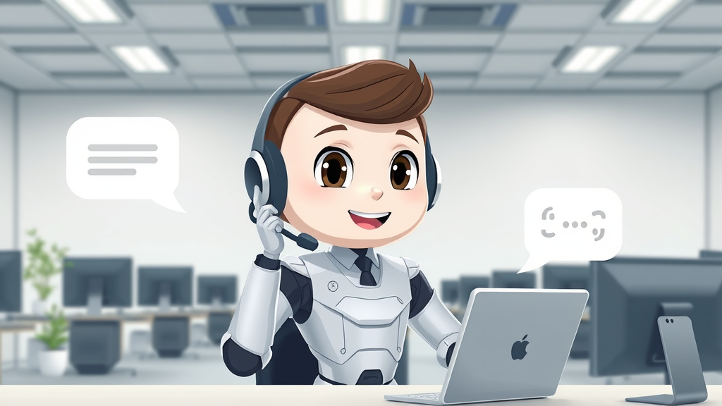 AI phone agent illustration, digital assistant interacting in modern minimalist call center office, speech bubbles dynamic.