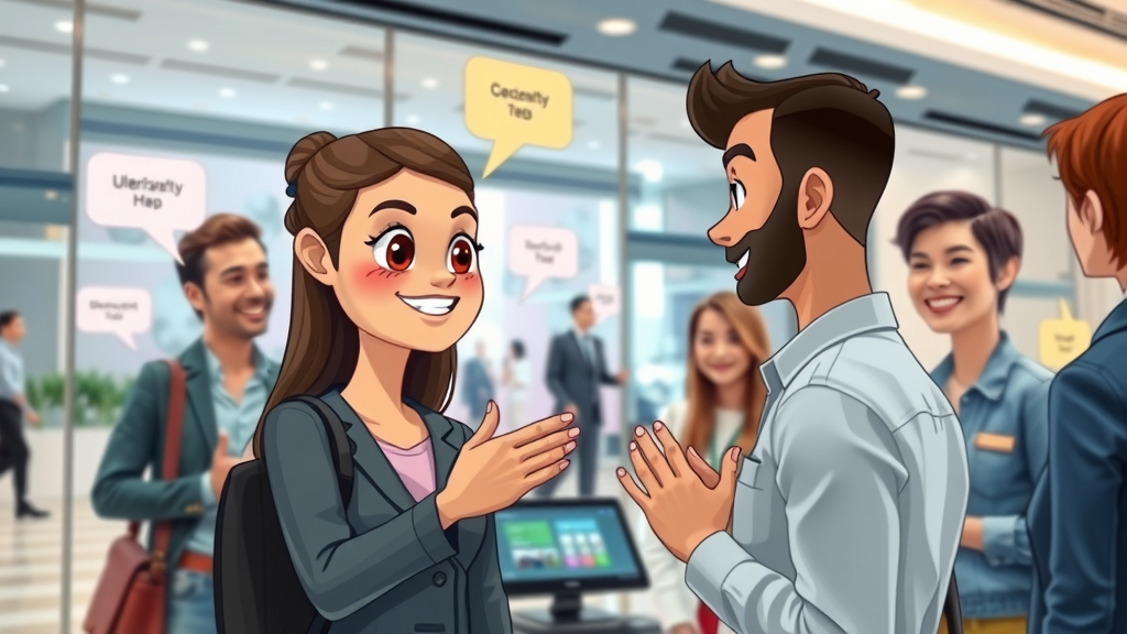 Modern digital assistant with friendly expression interacting with diverse customers, illustrating AI voice bot and voice chat technology in customer service.
