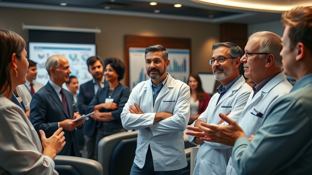 Group of dental professionals in training seminar, engaged in learning best practices for improving dental patient retention, presenter leading discussion, sophisticated conference room