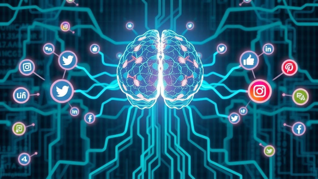 Glowing AI brain at center with neural connections to social media and blog post icons, symbolizing artificial intelligence content generation.