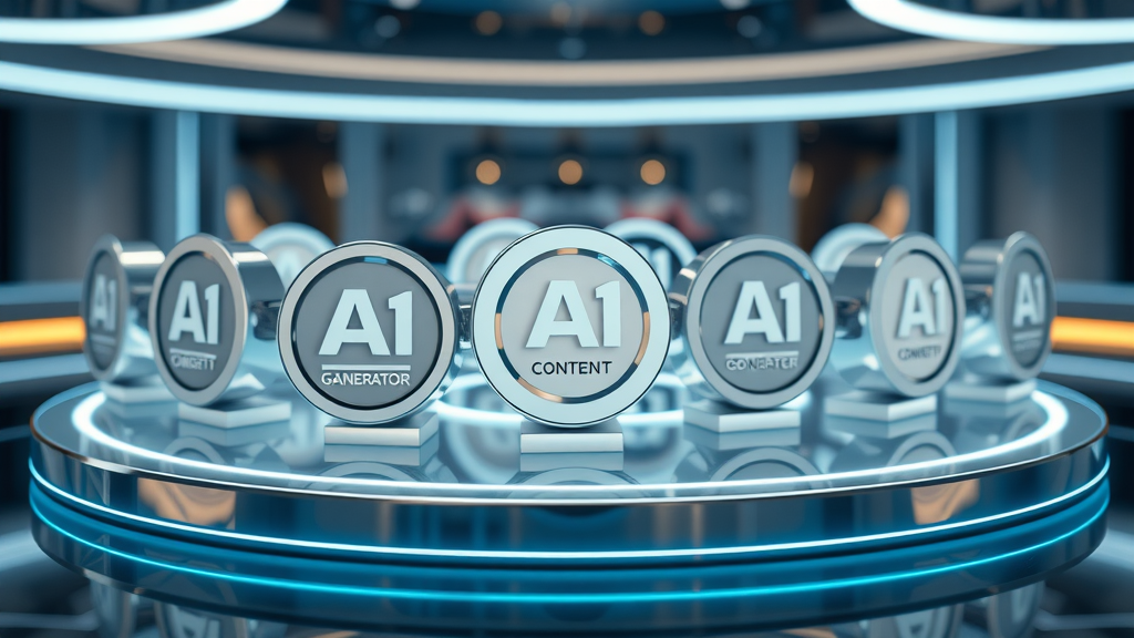 Sleek logos of top-rated AI content generators and tools on a glowing platform, symbolizing leading AI tool selection for content creation.