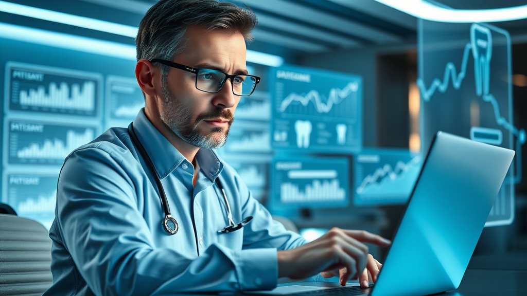 analytical dental care manager reviewing satisfaction metrics on a laptop, demonstrating measurement and improvement in patient engagement in dental care