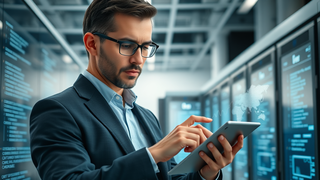 Business professional interacts with AI software and data flows implementing machine learning in content marketing