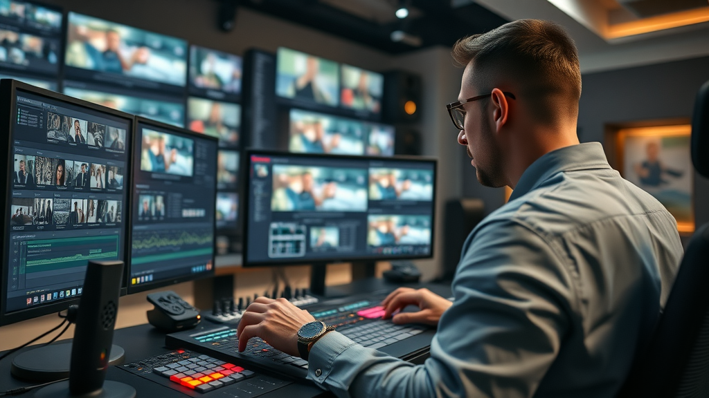 Professional video editor adjusting advanced editing controls in a high-tech digital video editing suite, glowing LED accents and dual-monitor workstation