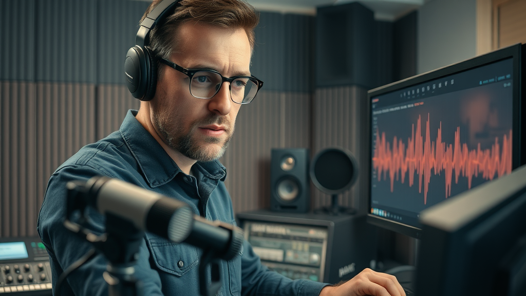 Technician checking sound waves to optimize voice recognition and speech recognition AI