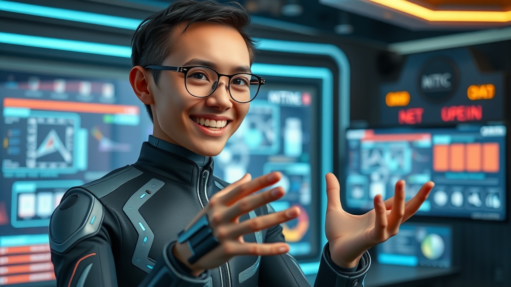 Charismatic AI avatar presenting a product demo in a futuristic digital studio with interactive visual effects.