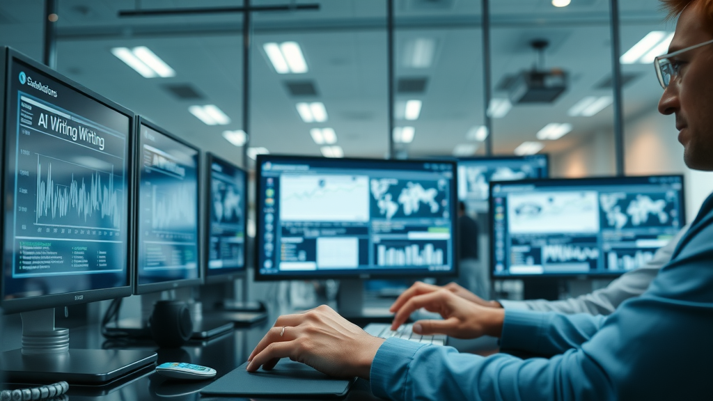 cutting-edge workspace featuring multiple screens displaying AI writing dashboards, ai writing tools powering professional content creation, professional ambiance, modern office environment, natural daylight, cool tones
