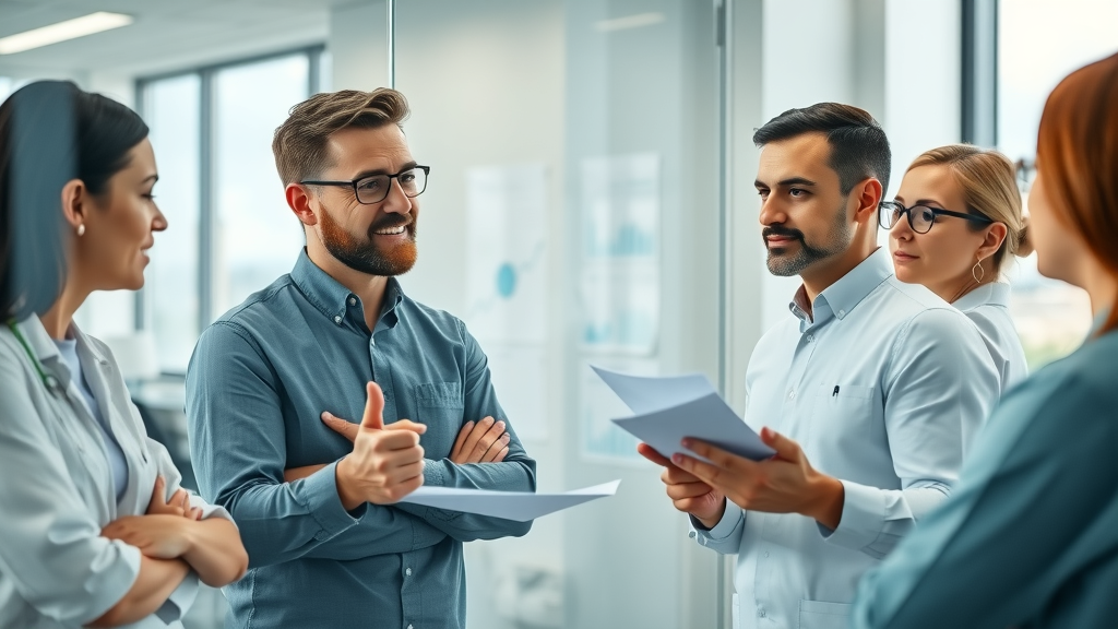 reflective dental staff reviewing patient engagement challenges in a meeting, highlighting problem-solving for effective patient engagement in dental care