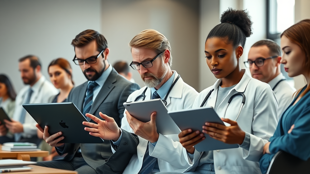 diverse professionals in law, healthcare, education, and enterprise settings using speech-to-text AI on devices