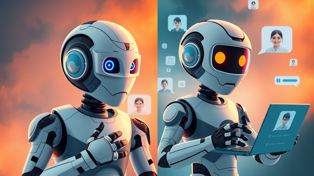 AI voice bot and chatbot comparison, split composition showing voice interaction and text chat engagement in a futuristic omnichannel support environment.