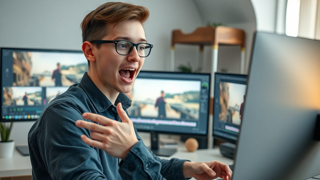 focused marketer editing video using AI video editor tools in a modern workspace