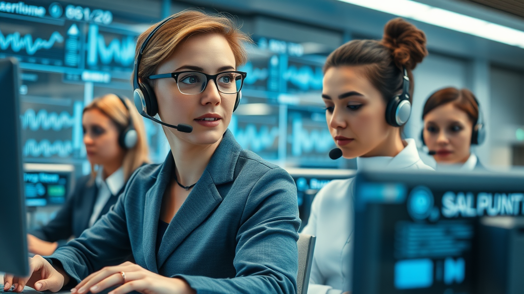 Futuristic call center with diverse agents interacting with advanced AI interfaces, featuring digital displays and voice waveform visualizations, representing machine learning for voice calls in action.