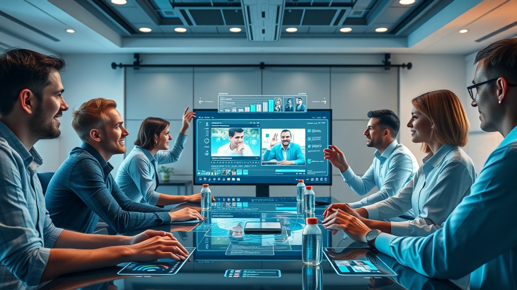 AI Digital Videos collaborative team brainstorms with AI video editing interface in creative agency setting with digital overlays