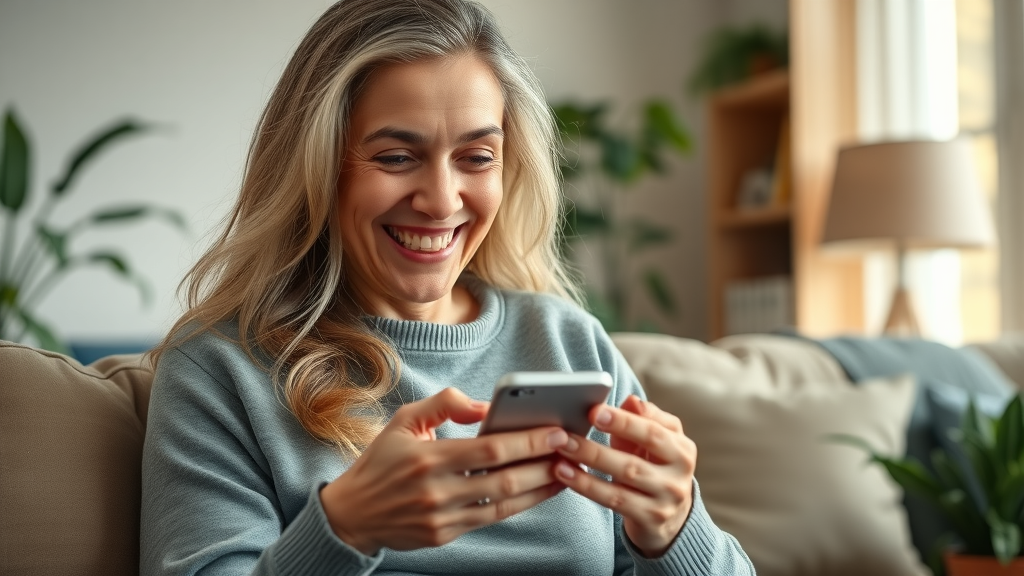 Happy dental patient receives personalized dental appointment reminder text message at home