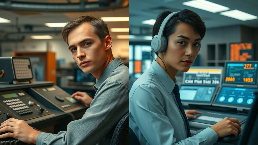 Contrasting images of vintage and modern call routing systems, illustrating evolution to AI-powered call routing