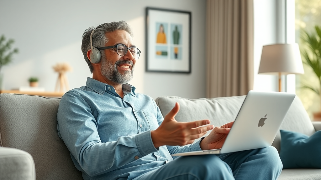 relaxed customer enjoying fast AI chatbot assistance in modern living room, real-time support in action