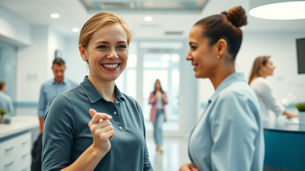 inviting dental office reception area, cheerful receptionist welcoming a former patient, reactivating inactive dental patients, photorealistic modern dental office