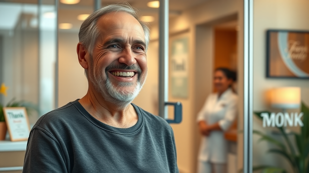 Satisfied dental patient leaving the clinic smiling and giving positive feedback, improving dental patient retention, friendly receptionist and thank you signage in exit area