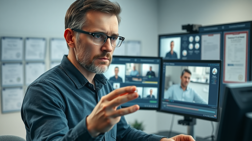 serious video producer reviewing AI-generated video content for compliance, AI video generation quality control